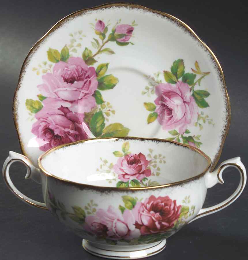 American Beauty (White Background) Footed Cream Soup Bowl & Saucer Set by Royal Albert-1