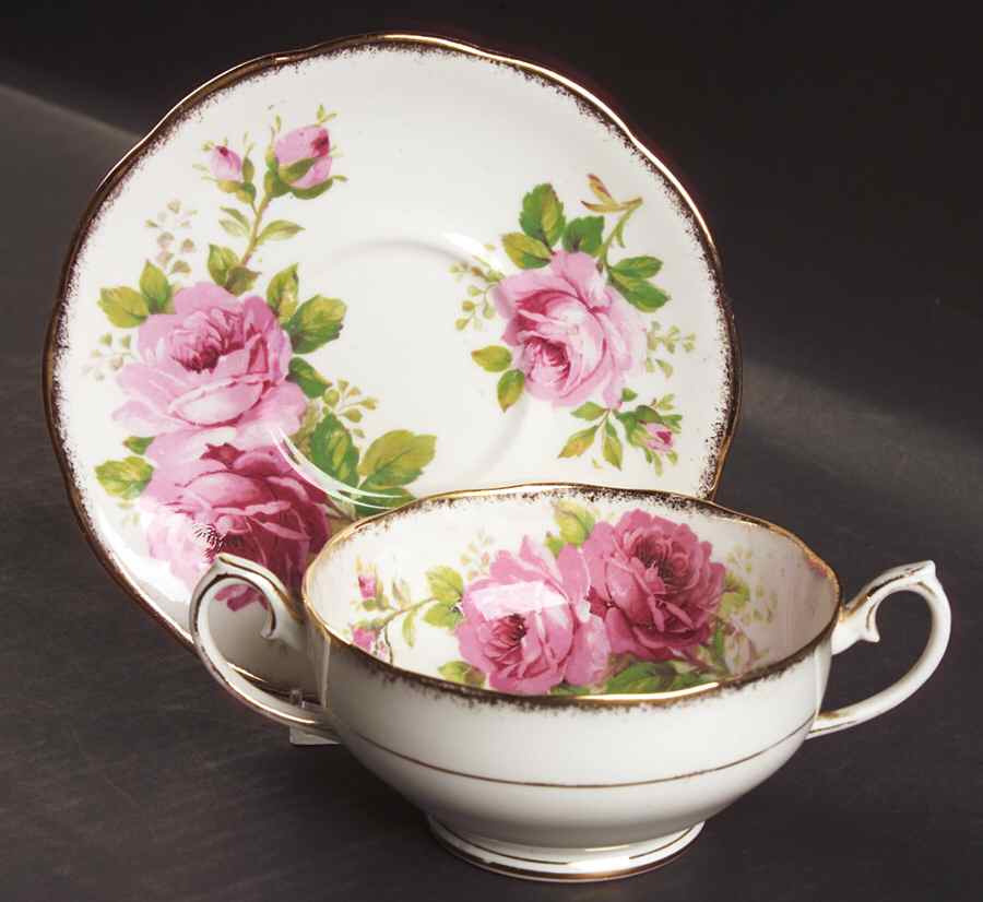 American Beauty (White Background) Footed Cream Soup Bowl & Saucer Set by Royal Albert-1