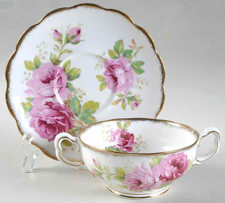 American Beauty (White Background) Footed Cream Soup Bowl & Saucer Set by Royal Albert-1