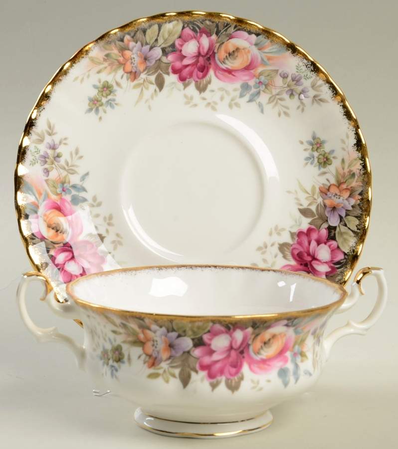 Autumn Roses Footed Cream Soup Bowl & Saucer Set by Royal Albert-1