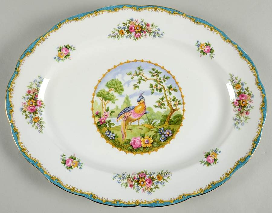 Chelsea Bird Blue 15" Oval Serving Platter by Royal Albert-1