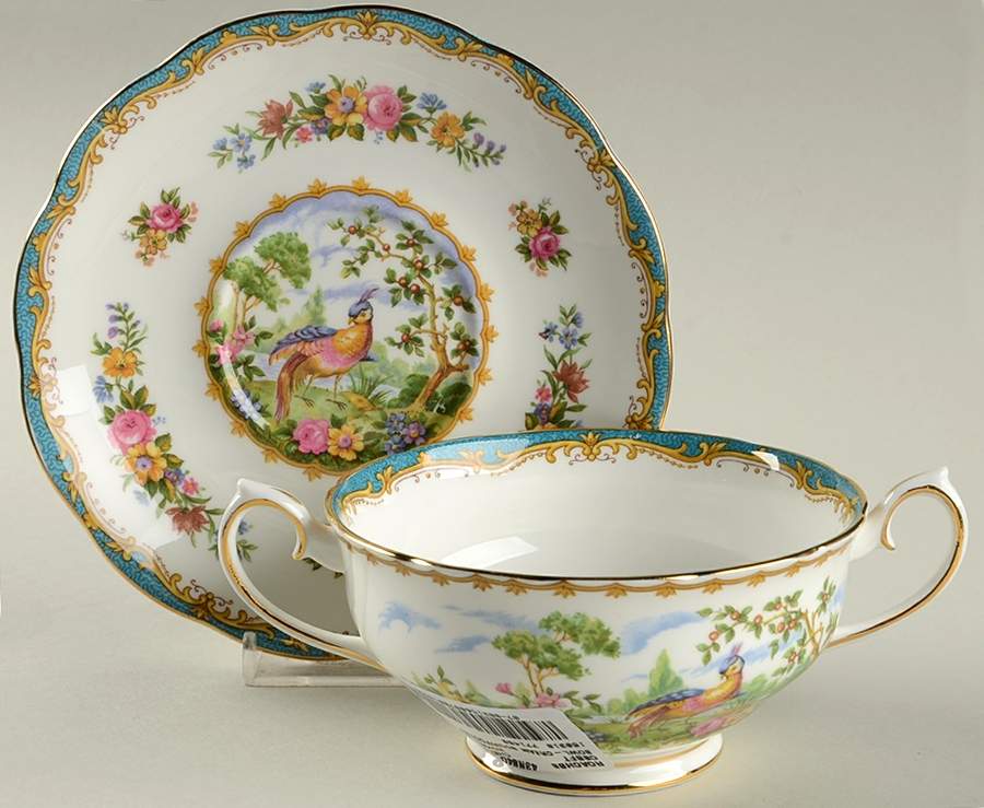 Chelsea Bird Blue Footed Cream Soup Bowl & Saucer Set by Royal Albert-1
