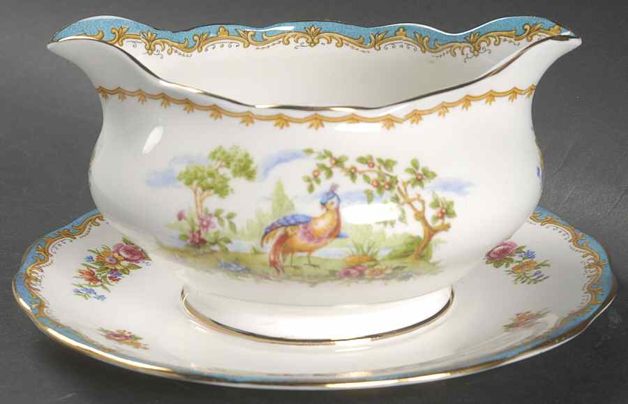 Chelsea Bird Blue Gravy Boat with Attached Underplate by Royal Albert-1
