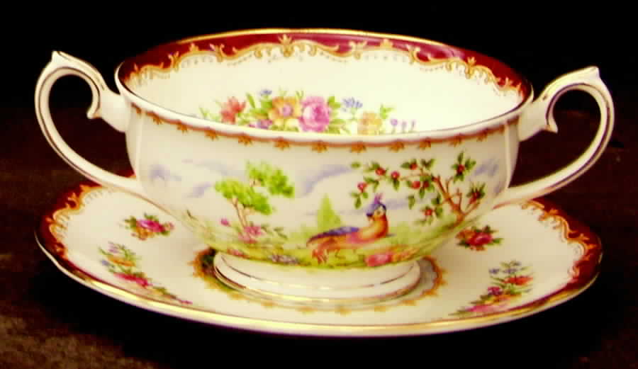 Chelsea Bird Maroon Footed Cream Soup Bowl & Saucer Set by Royal Albert-1