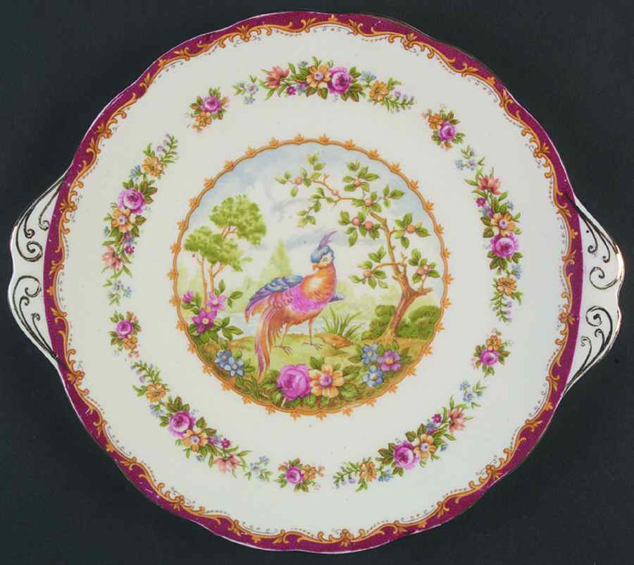 Chelsea Bird Maroon Handled Cake Plate by Royal Albert-1