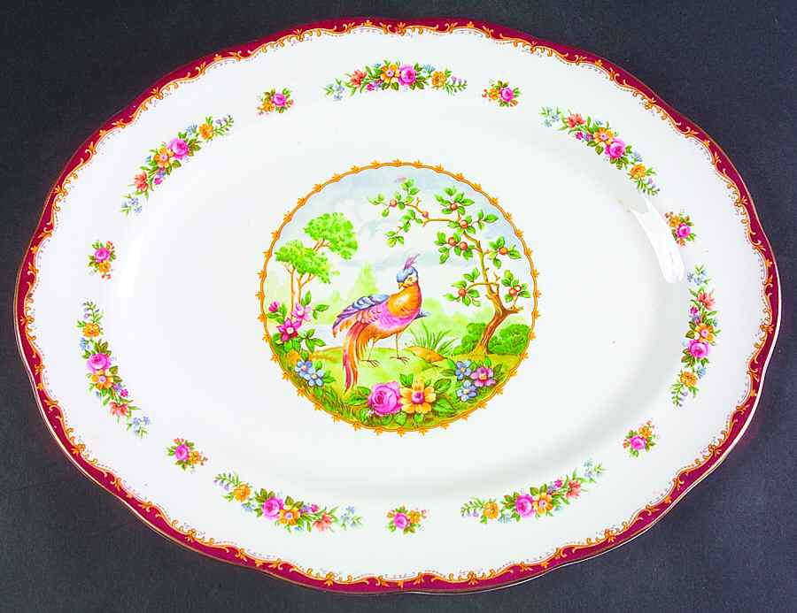 Chelsea Bird Maroon 15" Oval Serving Platter by Royal Albert-1