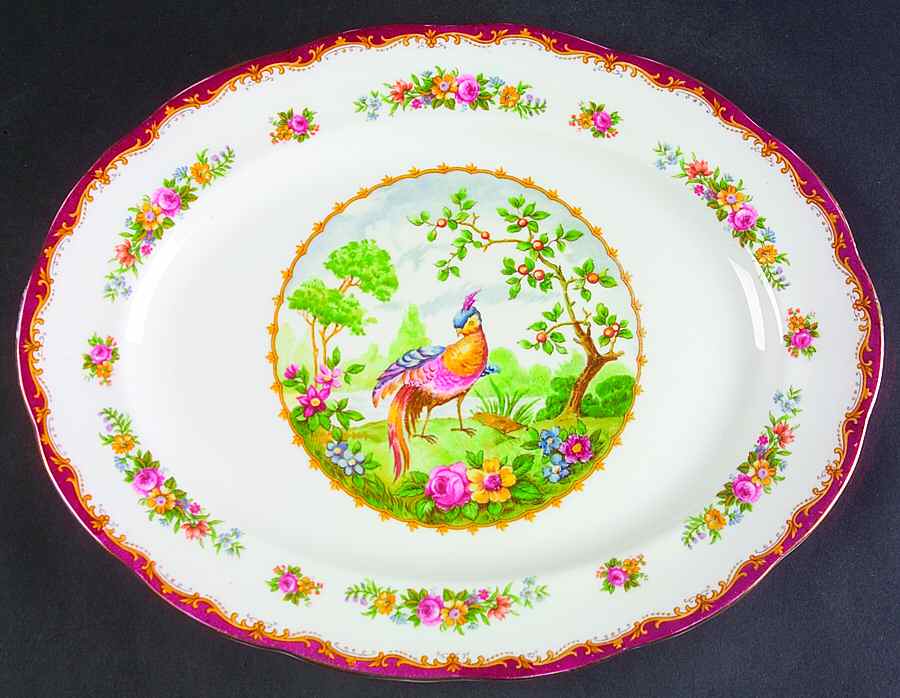 Chelsea Bird Maroon 12" Oval Serving Platter by Royal Albert-1