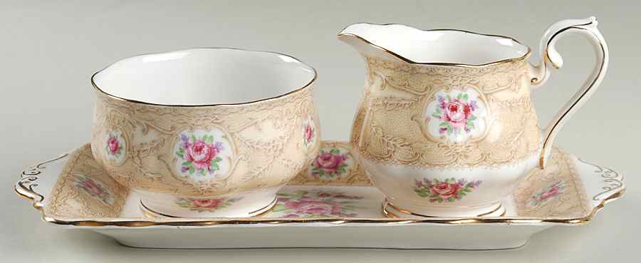 Devonshire Lace Creamer & Open Sugar with Tray by Royal Albert-1