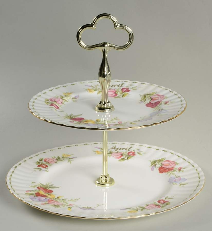 Flower of The Month (Newer, Montrose) 2 Tiered Serving Tray (Dinner & Salad Plate) by Royal Albert-1