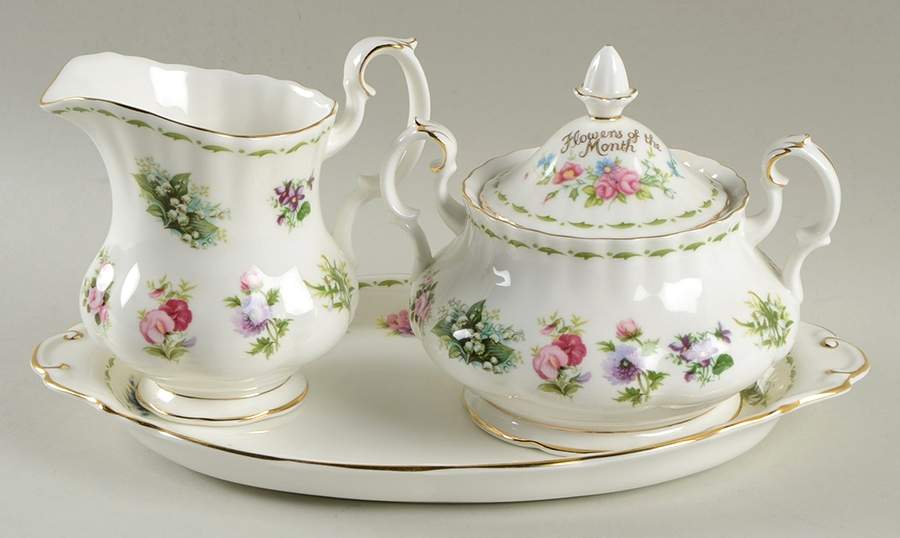 Flower of The Month (Newer, Montrose) Creamer & Sugar with Lid & Tray Set by Royal Albert-1