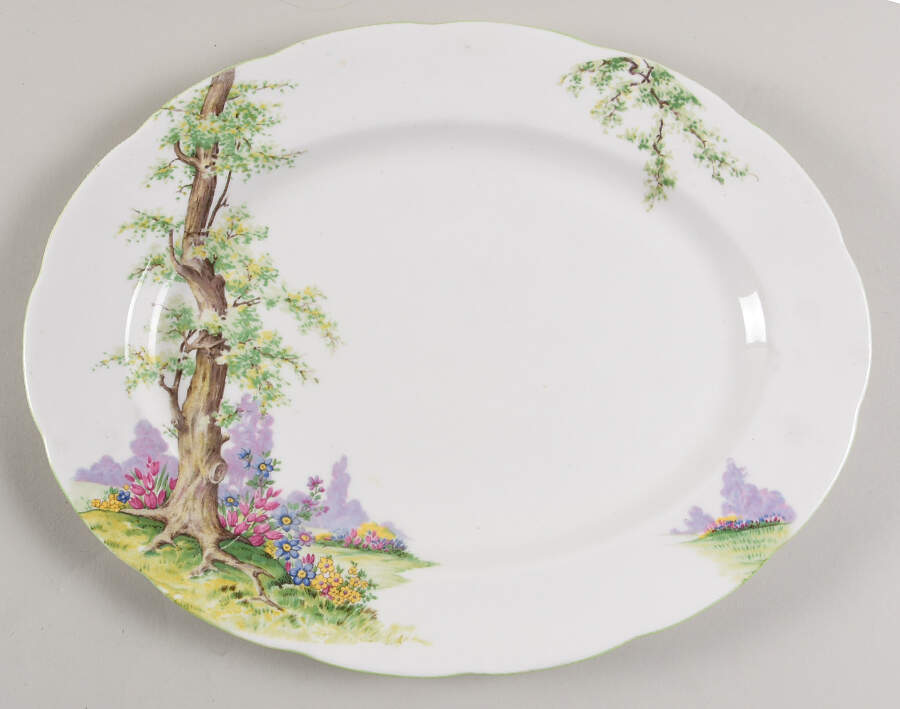 Greenwood Tree (Green Trim) 12" Oval Serving Platter by Royal Albert-1