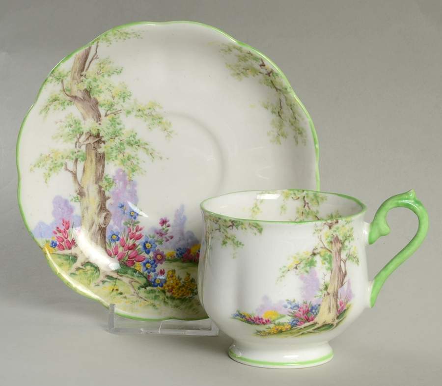 Greenwood Tree (Green Trim) Footed Cup & Saucer Set by Royal Albert-1