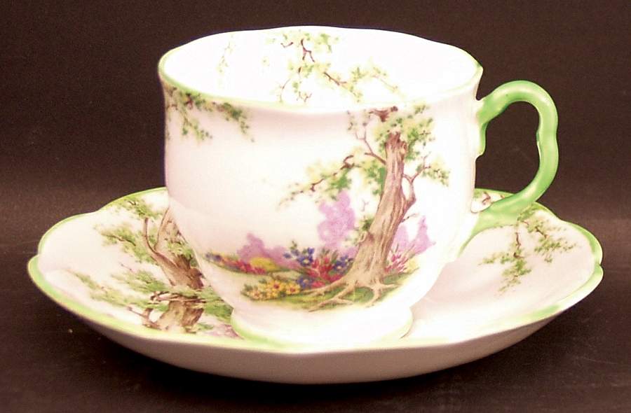 Greenwood Tree (Green Trim) Footed Cup & Saucer Set by Royal Albert-1
