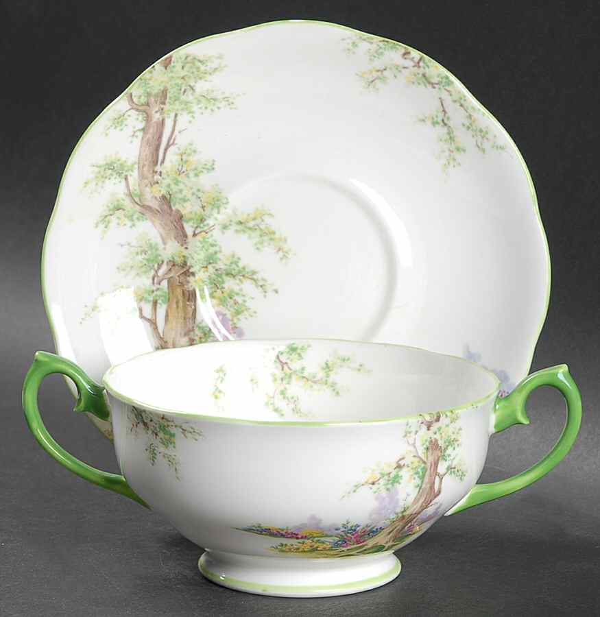Greenwood Tree (Green Trim) Footed Cream Soup Bowl & Saucer Set by Royal Albert-1