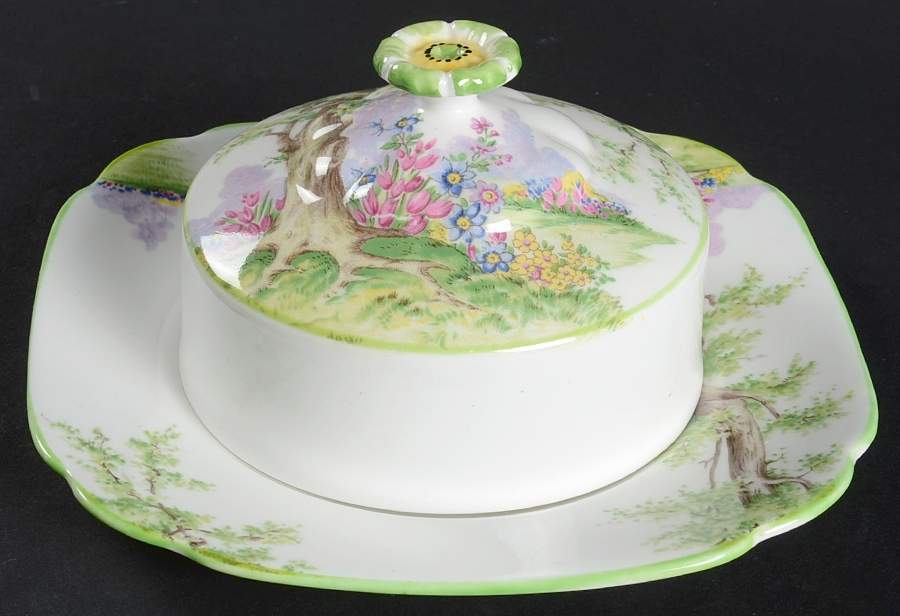 Greenwood Tree (Green Trim) Round Covered Butter (Uses Square Bread & Butter Plate) by Royal Albert-1
