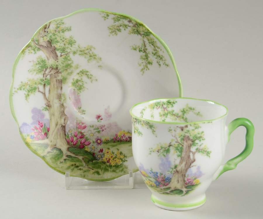 Greenwood Tree (Green Trim) Footed Demitasse Cup & Saucer Set by Royal Albert-1