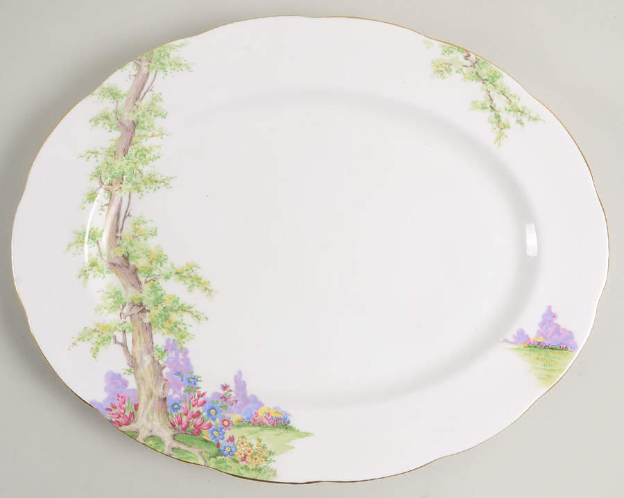 Greenwood Tree (Gold Trim) 13" Oval Serving Platter by Royal Albert-1