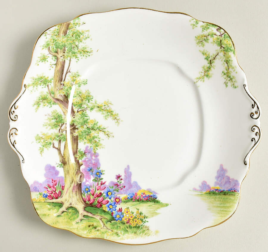 Greenwood Tree (Gold Trim) Square Handled Cake Plate by Royal Albert-1