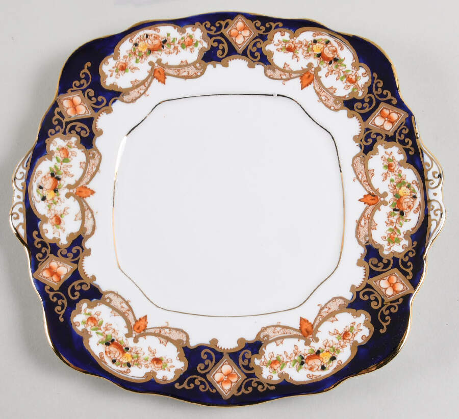 Heirloom (Crown China Stamp, SCALLOPED) Square Handled Cake Plate by Royal Albert-1