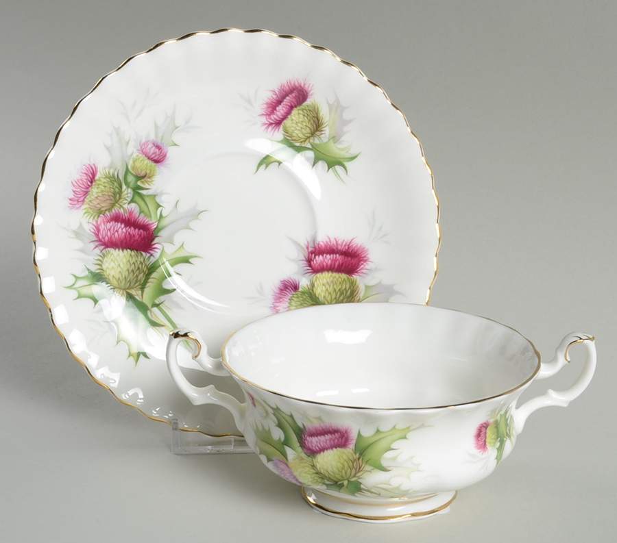Highland Thistle Footed Cream Soup Bowl & Saucer Set by Royal Albert-1