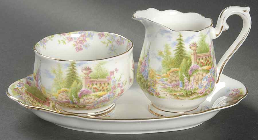Kentish Rockery Creamer & Open Sugar with Tray by Royal Albert-1