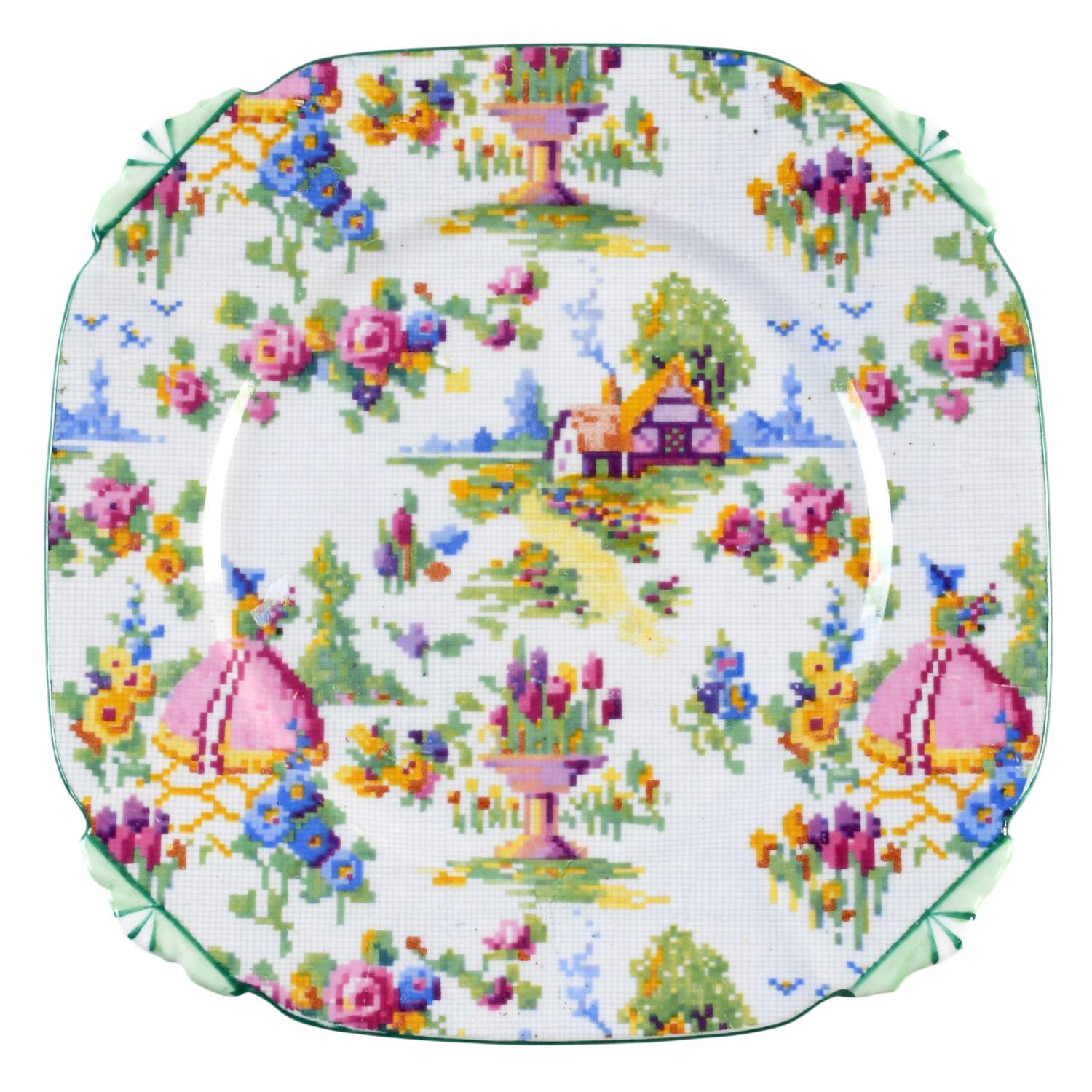 Lady Gay (Hampton, Countess, Green Trim) Square Dessert Plate by Royal Albert-1