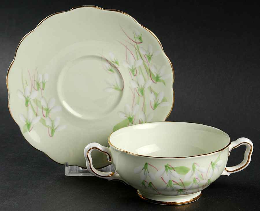 Laurentian Snowdrop Pale Green Footed Cream Soup Bowl & Saucer Set by Royal Albert-1