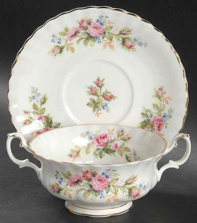 Moss Rose (Montrose Shape) Footed Cream Soup Bowl & Saucer Set by Royal Albert-1
