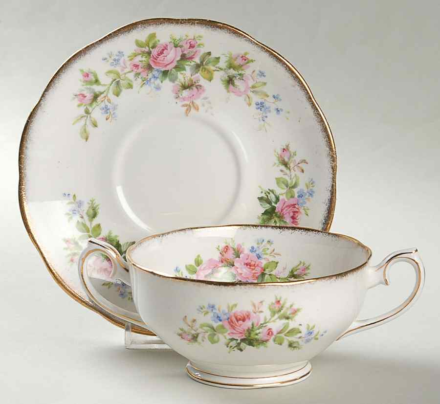 Moss Rose (Hampton, Older) Footed Cream Soup Bowl & Saucer Set by Royal Albert-1