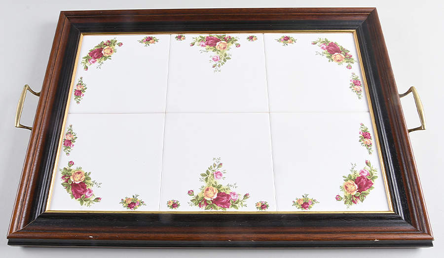 Old Country Roses Rectangular Wood Tray with 6 Tile Inserts by Royal Albert-1