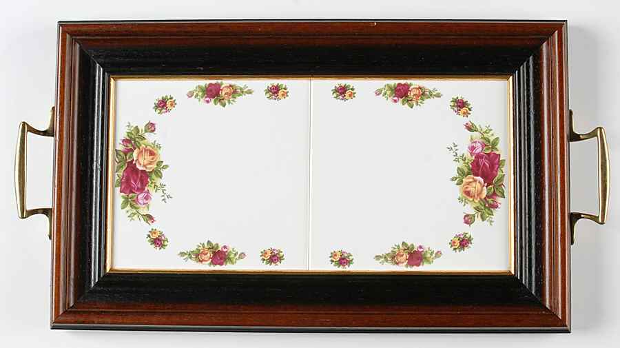 Old Country Roses Rectangular Wood Tray with Tile Insert by Royal Albert-1