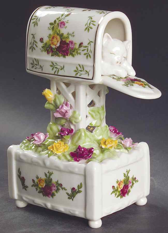 Old Country Roses Mailbox W/Kitten Music Box by Royal Albert-1
