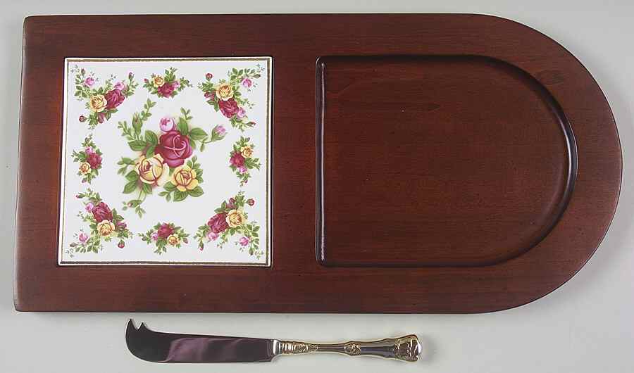 Old Country Roses Cheese Board with Ceramic Tile & Wood Handle Knife by Royal Albert-1