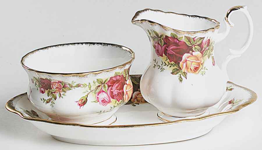 Old Country Roses Creamer & Open Sugar with Tray by Royal Albert-1