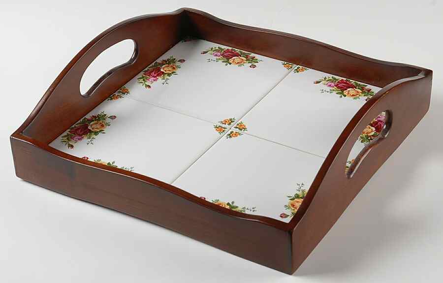 Old Country Roses Square Wood Frame Tea Tray with Tile Insert by Royal Albert-1