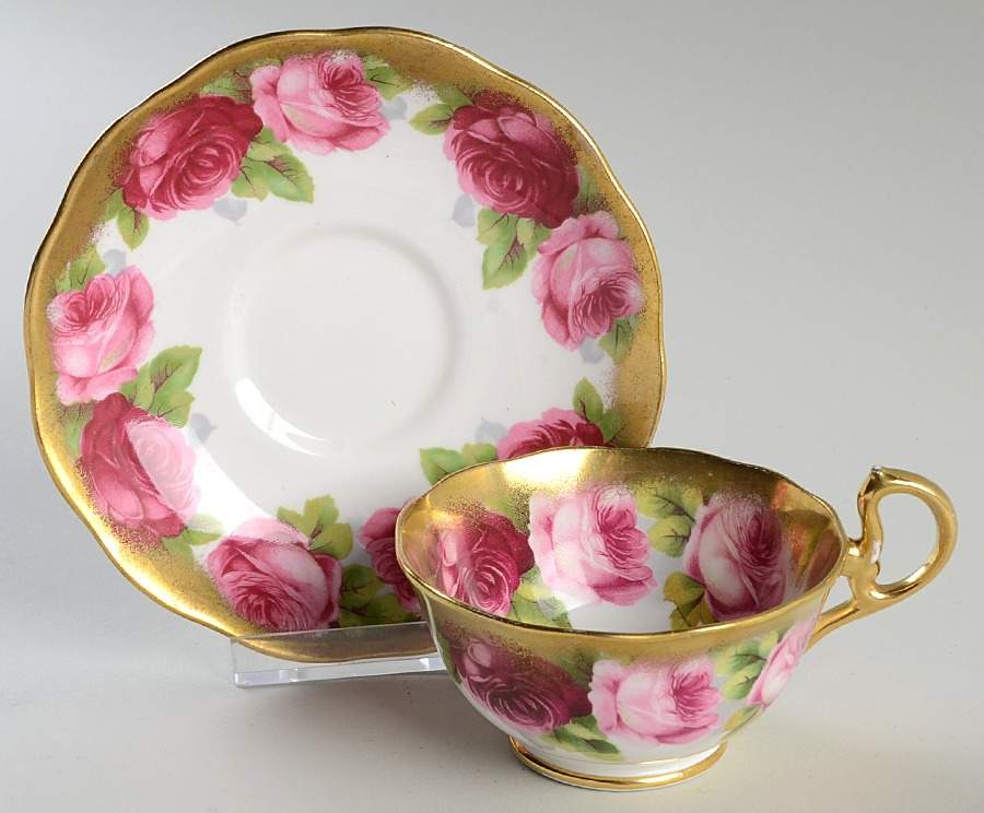 Old English Rose (Brushed Gold Trim) Footed Cup & Saucer Set by Royal Albert-1
