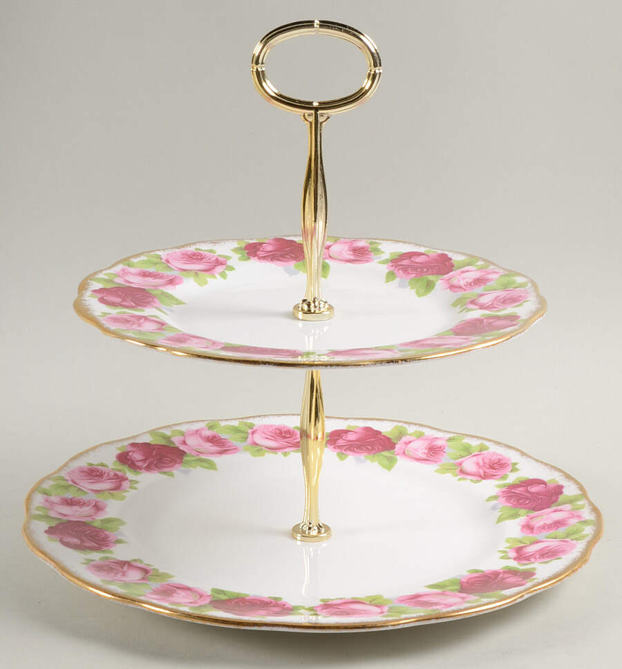 Old English Rose (Brushed Gold Trim) 6 5/8"-10"  2 Tiered Serving Tray (Dp, Sp) HC by Royal Albert-1