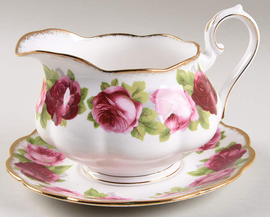 Old English Rose (Brushed Gold Trim) Gravy Boat & Underplate by Royal Albert-1