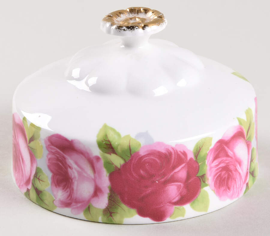 Old English Rose (Brushed Gold Trim) Lid for Round Butter (Uses Bread & Butter Plate) by Royal Albert-1