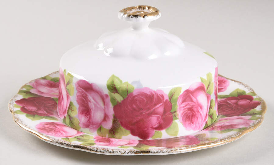 Old English Rose (Brushed Gold Trim) Round Covered Butter (Uses Bread & Butter Plate) by Royal Albert-1