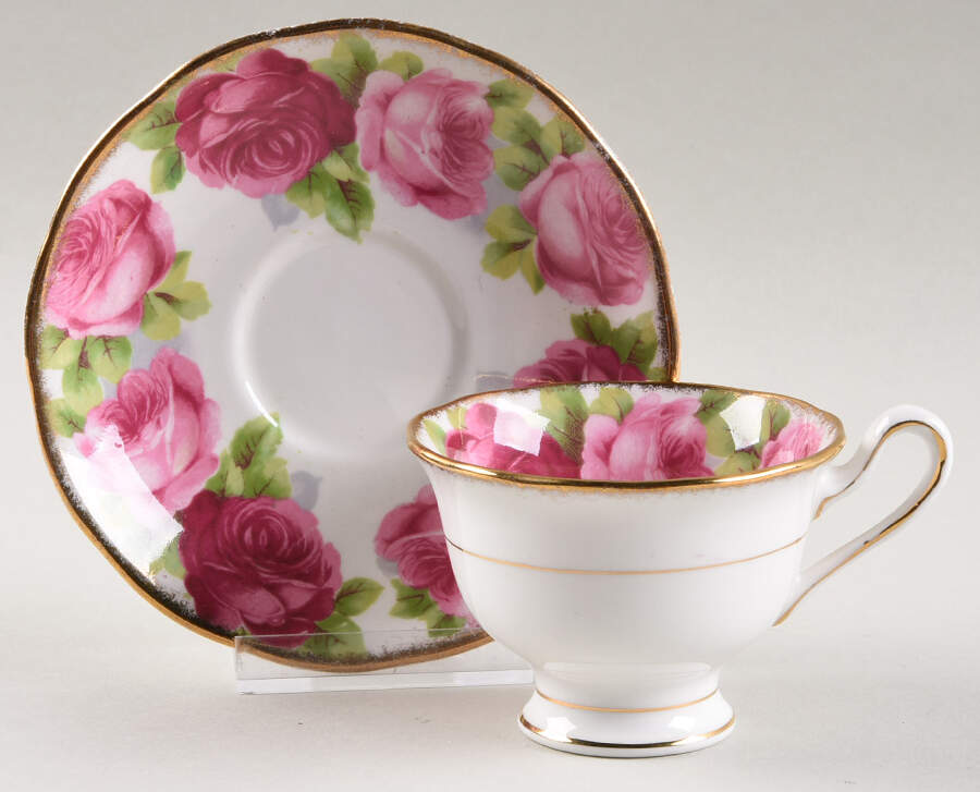 Old English Rose (Brushed Gold Trim) Footed Demitasse Cup & Saucer Set by Royal Albert-1