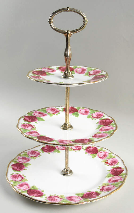 Old English Rose (Brushed Gold Trim) 3-Tiered Serving Tray (DP, SP, BB) by Royal Albert-1