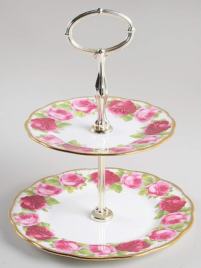 Old English Rose (Brushed Gold Trim) 2-Tiered Serving Tray (Salad & Bread/Butter Plate) by Royal Albert-1