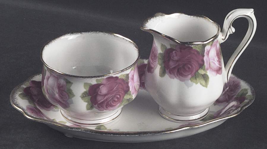 Old English Rose (Brushed Gold Trim) Mini Creamer & Open Sugar with Tray by Royal Albert-1