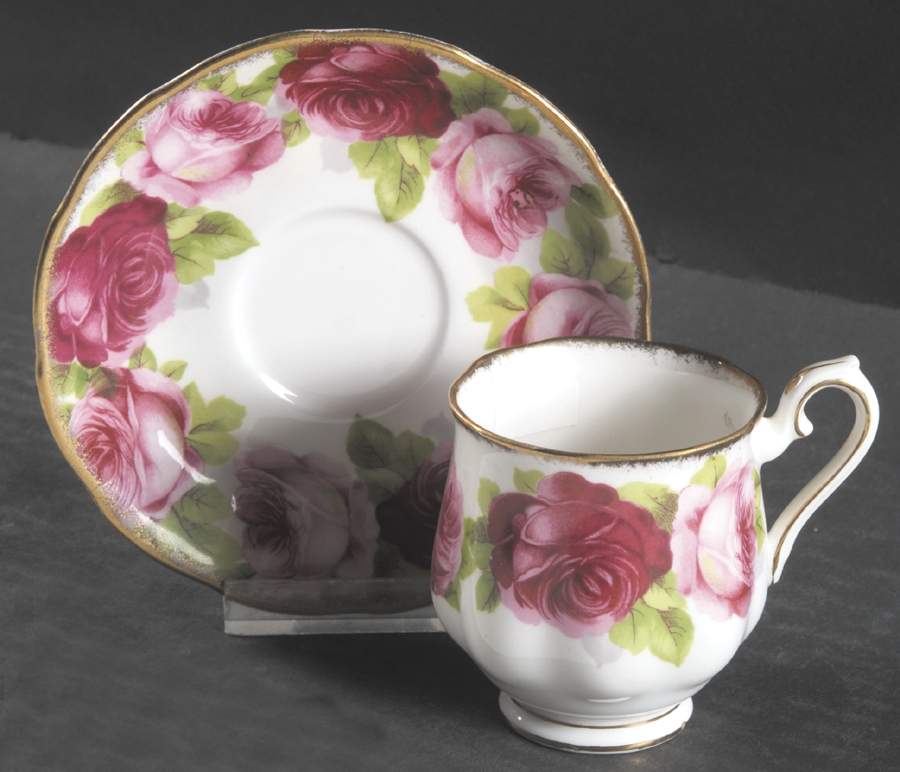 Old English Rose (Brushed Gold Trim) Footed Demitasse Cup & Saucer Set by Royal Albert-1