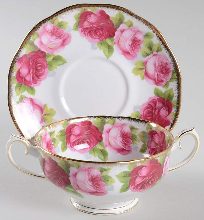 Old English Rose (Brushed Gold Trim) Footed Cream Soup Bowl & Saucer Set by Royal Albert-1