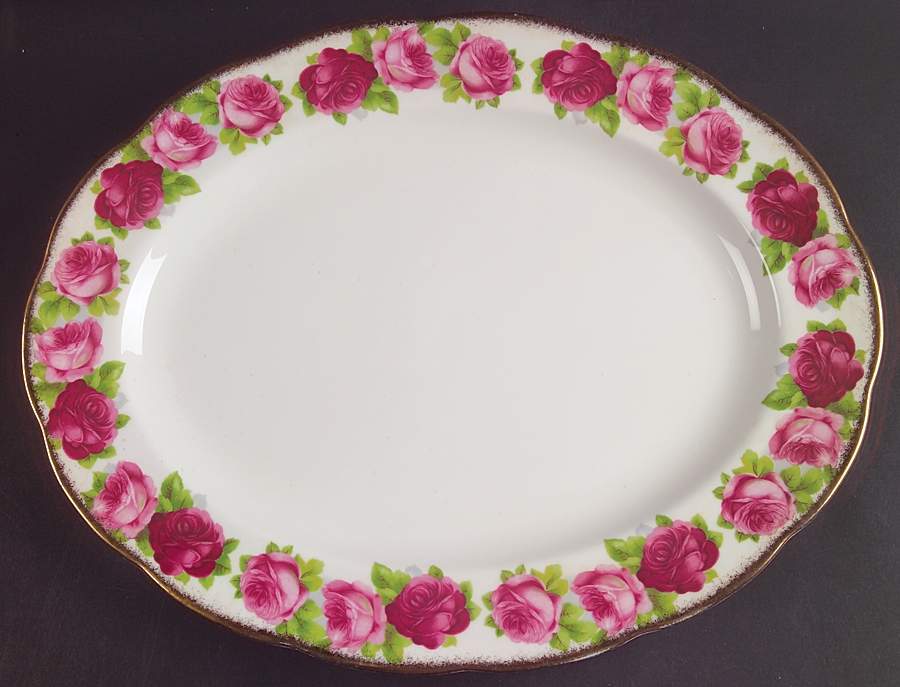 Old English Rose (Brushed Gold Trim) 15" Oval Serving Platter by Royal Albert-1