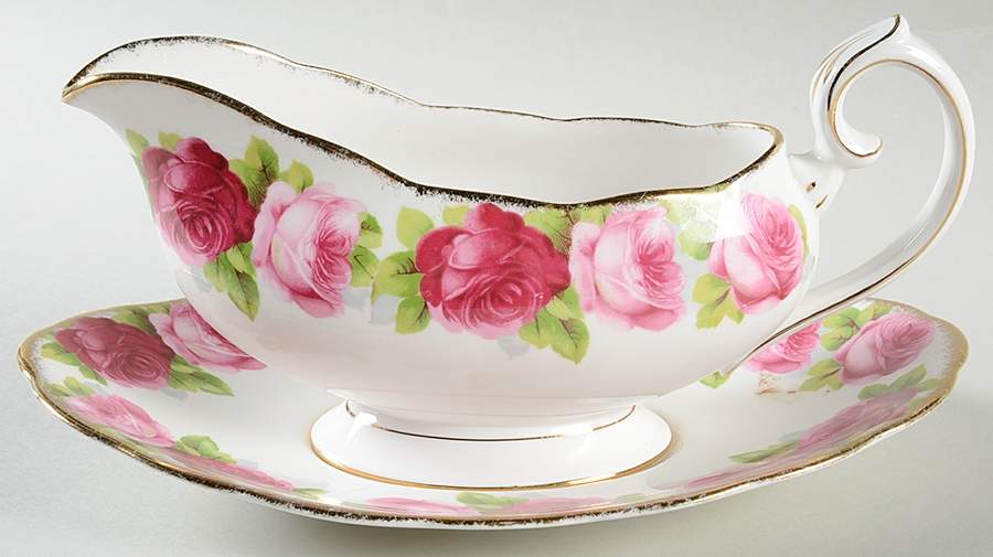 Old English Rose (Brushed Gold Trim) Gravy Boat & Underplate by Royal Albert-1