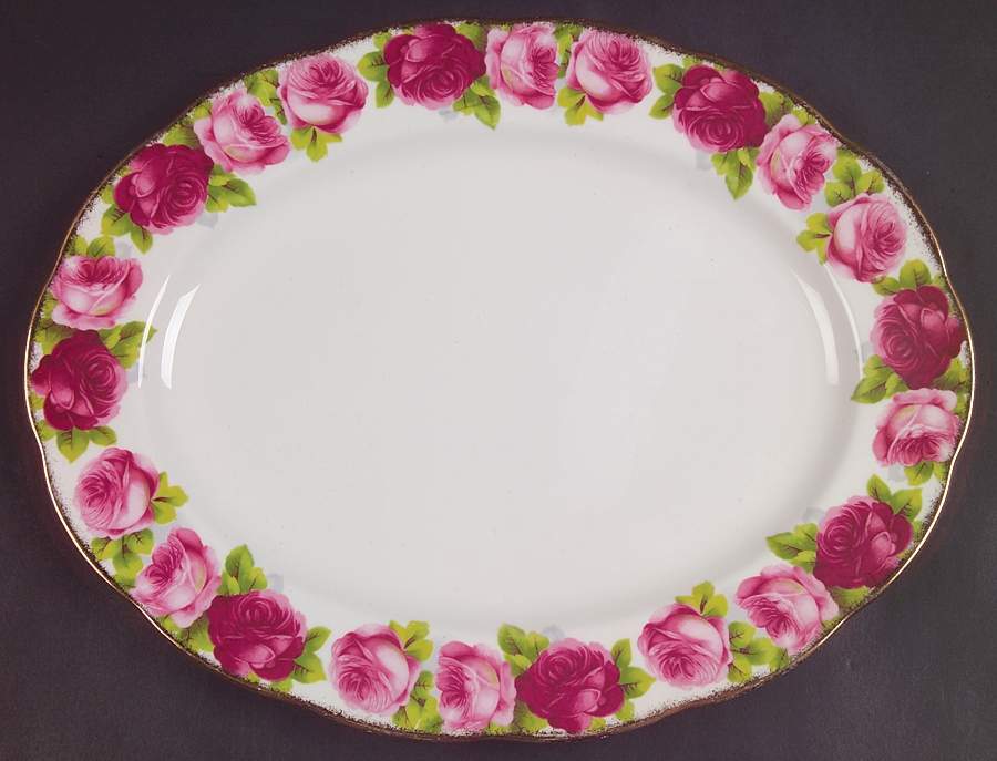Old English Rose (Brushed Gold Trim) 12" Oval Serving Platter by Royal Albert-1