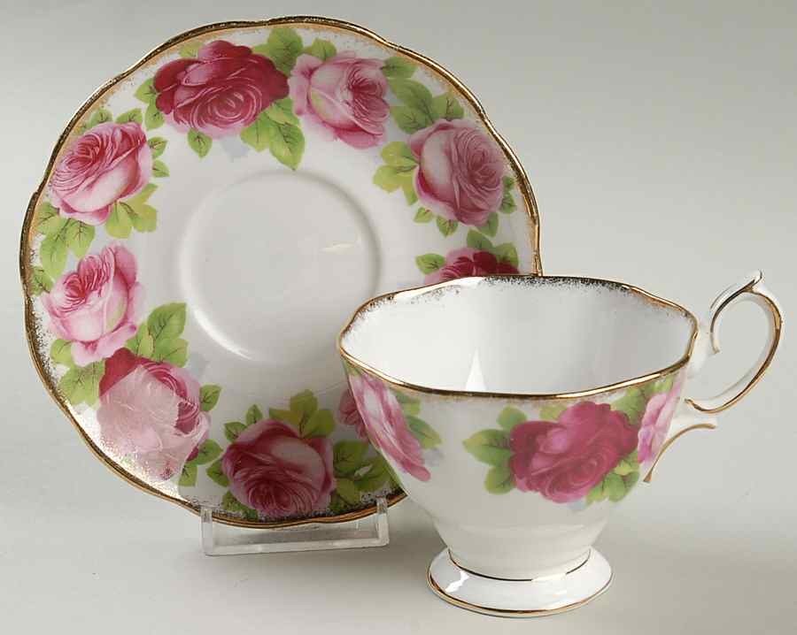 Old English Rose (Brushed Gold Trim) Footed Cup & Saucer Set by Royal Albert-1